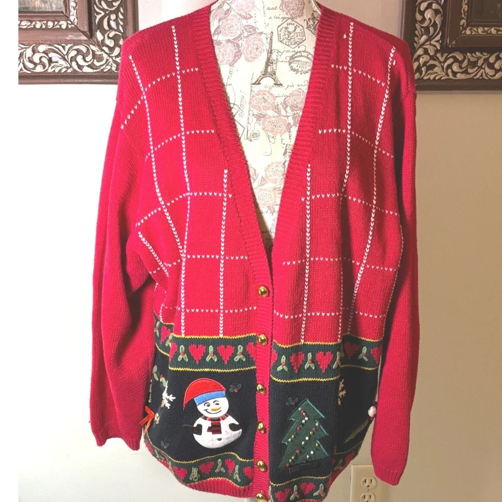 Vintage Cottagecore Red Christmas Snowman Tree Sweater‎ Women 14/16 Cardigan